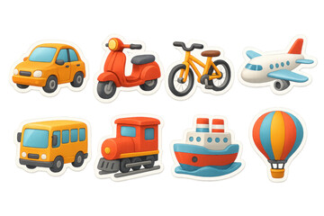 3d vehicle icons set: car, scooter, bicycle, airplane, bus, train, ship, hot air balloon