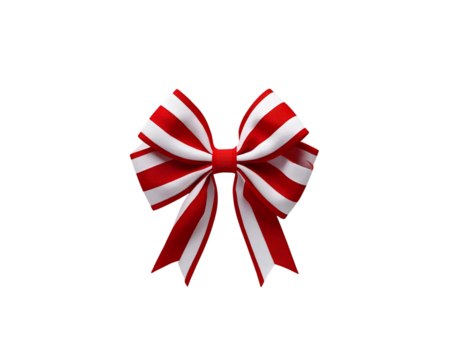 Festive red and white striped bow. Ideal for holiday decorations, gift embellishments, patriotic themes, and cheerful designs against or on transparent PNG background.

