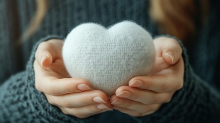 Soft, white knitted heart held gently in cupped hands