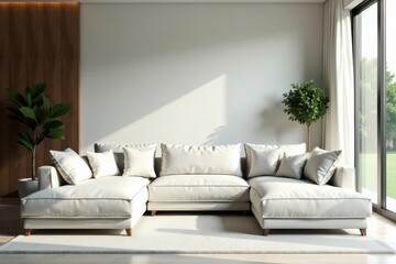 Linen sofa, large windows, natural light, marble accents, home design, clean lines, minimalist