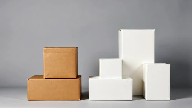 Assortment of gold and white cardboard boxes arranged in various sizes, styled with real photography on a neutral gray background, representing packaging