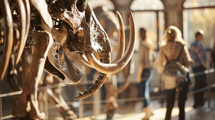 Gigantic mastodon fossil exhibited in natural history museum, prehistoric mammal skeleton on display for education and paleontology study, evolution and ancient wildlife concept.