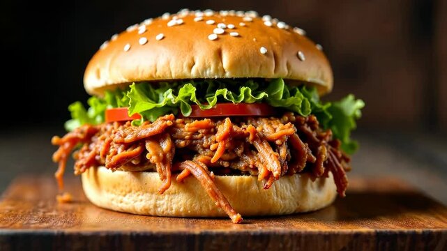4k frame juicy burger stands on a wooden table.