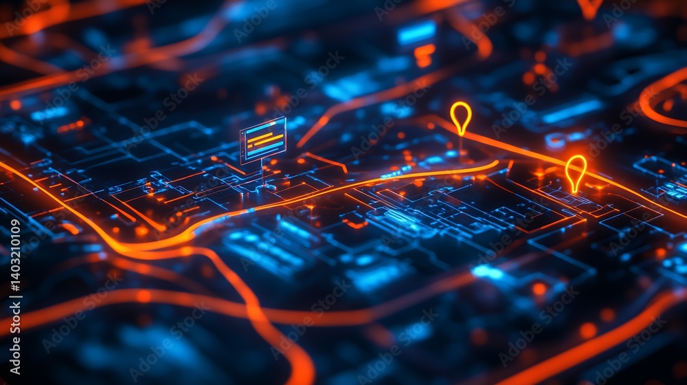 Aufkleber Dynamic map interface with illuminated routes and pinpointed locations for easy navigation and city exploration : Generative AI