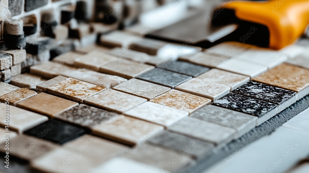 Poster arranging beautiful ceramic tiles in different colors and textures to enhance interior design aesthe