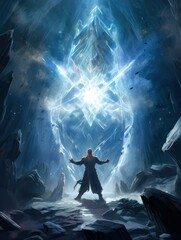 Solitary Figure Before a Glowing Glacial Monolith in a Mystical Ice Cave