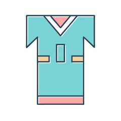 Illustration of a teal colored medical scrub top with a vneck and breast pockets