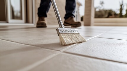 Person sweeping tiled floor with broom emphasizing cleanliness and maintenance in a bright space : Generative AI