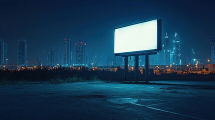 A dark, unlit outdoor billboard facing a vacant parking lot, with  illuminated buildings in the background 