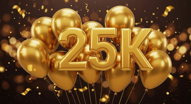 Celebration of 25k milestone with gold balloons and confetti