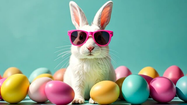4k frame white rabbit in pink glasses among easter eggs on blue background.