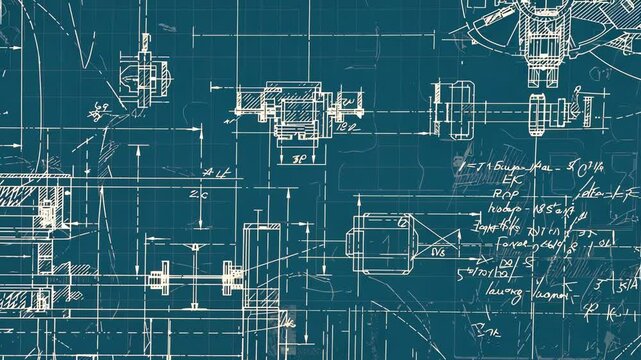Technical drawing with mechanical components on blueprint background shows industrial design specifications and detailed engineering plan sketches - Powered by Adobe