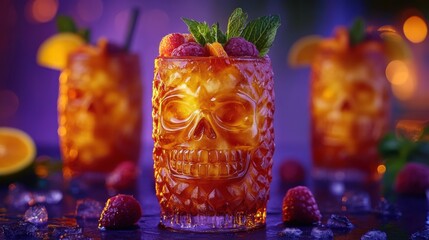 Skull-Shaped Tiki Mugs with Tropical Cocktail