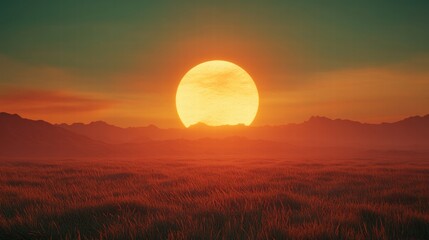 Sunset Over Grassland  Mountains Silhouette  Huge Sun