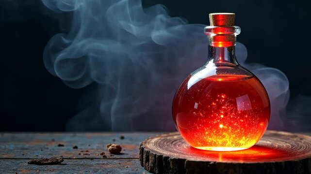 Glowing red potion in a round glass bottle with cork, emitting light and smoke, on rustic wooden surface, symbolizing magic and mystery