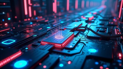 Obraz premium Futuristic 3D sci-fi corridor featuring a high-tech circuit floor illuminated by vibrant neon lights in blue and magenta. The image showcases a deep perspective with glowing circular elements, evoking