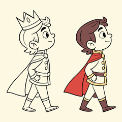 Cute Cartoon Prince Boy Looking Up – Coloring Book Page and Colored Version – Royal Character Vector for Kids Activities, Educational Content, and Fairytale Illustration Projects