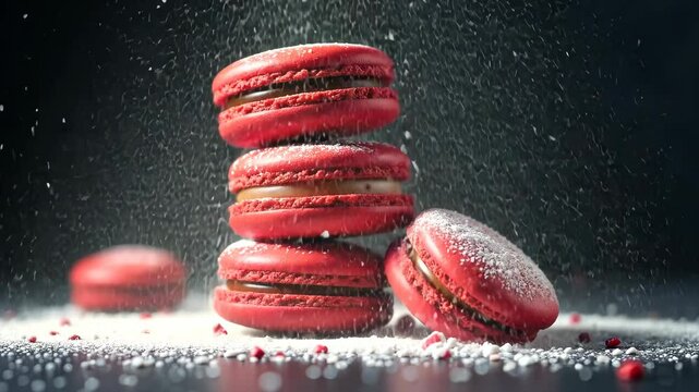red macaroons stand on top of each other sprinkled with white powder.