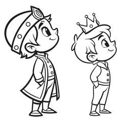 Cute Cartoon Prince Boy Looking Up – Coloring Book Page and Colored Version – Royal Character Vector for Kids Activities, Educational Content, and Fairytale Illustration Projects