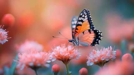 Obraz premium Butterfly feeding on pink flowers, garden sunset, nature background, spring card