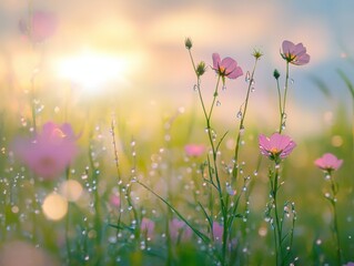 Delicate pink cosmos flowers bathed in morning sunlight.