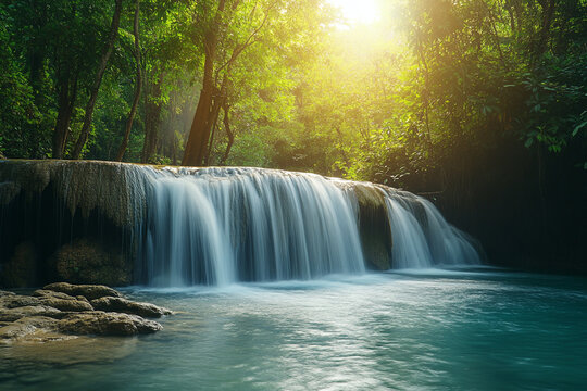 Serene Waterfall in Tropical Forest &ndash; Peaceful Nature Landscape with Sunlight