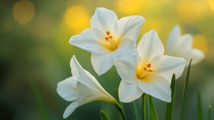 Dew-kissed white flowers garden sunrise bokeh background card