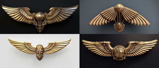 Ornate golden wings insignia with various designs.