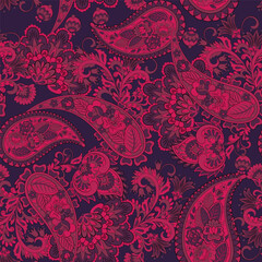 Turkish Cucumber Paisley seamless vector pattern in traditional Oriental style. Decorated with flowers, leaves, and fantasy elements, for fabric, textile and wallpaper covers © antalogiya