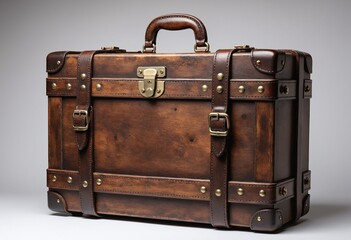 Old Wooden Suitcase with Handle and Straps Isolated on White