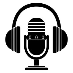 Podcast icon with headphones and microphone, ideal for audio production, radio broadcasting, podcast logo design, streaming apps, sound recording, online radio branding, media platforms