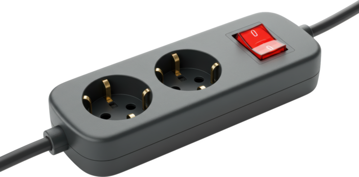 Compact Grey Two Outlet Power Strip with Integrated On Off Switch and Cable