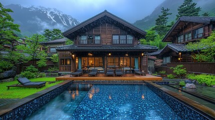 Tranquil Japanese Retreat with Pool and Mountain View in Rain