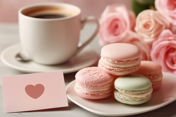 Obraz premium Happy Mothers Day Pink Roses and Heart Shape Tea Cup. Happy Mothers Day Pink Roses and Heart Shape Tea Cup, with macarons on vintage style distressed pink wood table. 