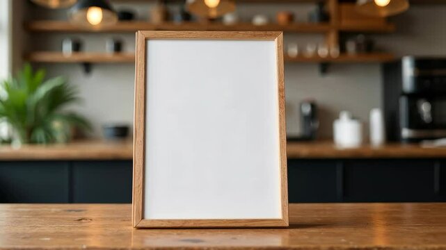 Empty wooden picture frame placed on rustic wooden kitchen table, with blurred warm kitchen background, concept of home decor and mockup display