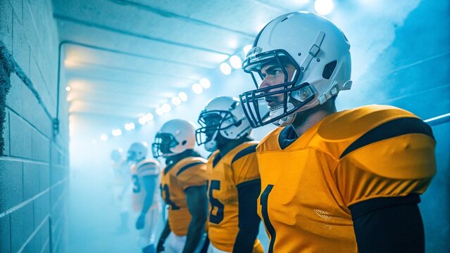 American football players in yellow uniforms and white helmets lined up in stadium hallway