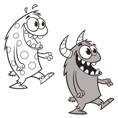 Obraz premium Cute Cartoon Monster Character – Coloring Book Page and Colored Version Side by Side – Fun Kids Illustration