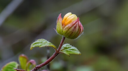 Unfurling flower bud, garden, close-up, blurred background, botanical illustration