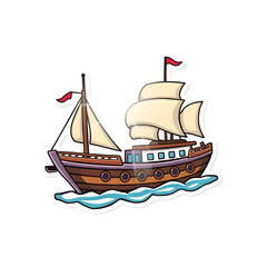 Abstract vector kawaii style ship sticker with bright lens flare contrasting colors and contour lines set against a big white background art illustration design