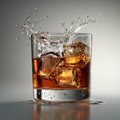 Amber Bourbon Whiskey in Tumbler with Ice Cubes