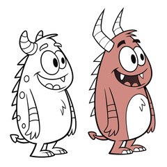 Cute Cartoon Monster Character – Coloring Book Page and Colored Version Side by Side – Fun Kids Illustration