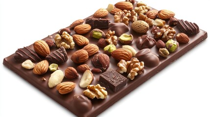 Fototapeta premium Delicious chocolate bar with almonds walnuts and pistachios gourmet dessert sweet treat confectionery food photography
