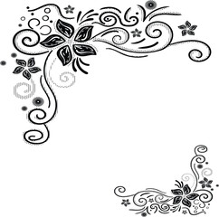 Decorative Floral Corner Border with Swirls, Dots, and Abstract Flowers in Black and White Style.