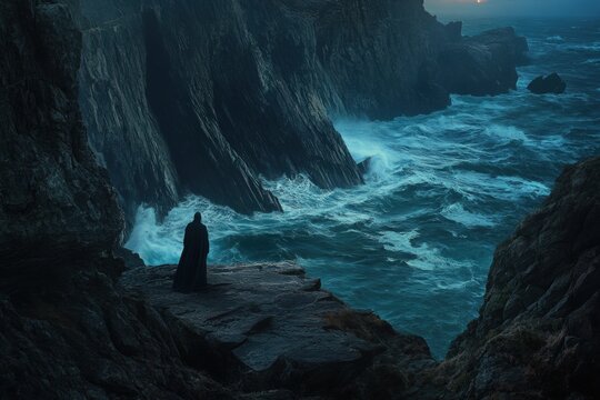 A solitary figure stands on a craggy cliff overlooking a turbulent sea at dusk.