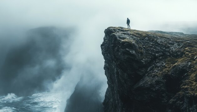 A solitary figure stands on a dramatic cliff edge during a stormy, misty day.