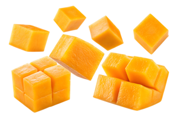 falling or floated Mango cube slices isolated on transparent background png