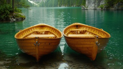 Obraz premium Serene Lake with Wooden Boats: A Picturesque Alpine Setting
