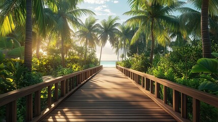 Obraz premium Curved walkway surrounded by palm trees, tropical scenery, relaxation, and vacation vibes, 3D render.