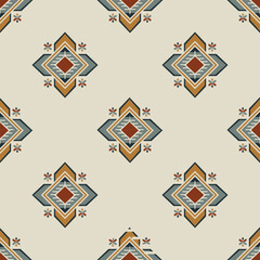 Minimal tribal repeat pattern with ochre and teal accents on a cream backdrop. Clean geometric design with a subtle ethnic touch, ideal for modern textiles, boho decor, or digital designs.