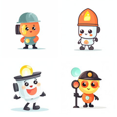 Four adorable robotic characters, each with a unique occupation.
